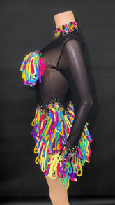 2025 Women Shiny Colorful Diamonds Sexy Stretch Transparent Mesh Short Dress Nightclub Party Singer Stage Performance Costume